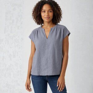 Splendid Women's Split Neck Cap Sleeve Blouse Linen Slate Blue Size Large Soft
